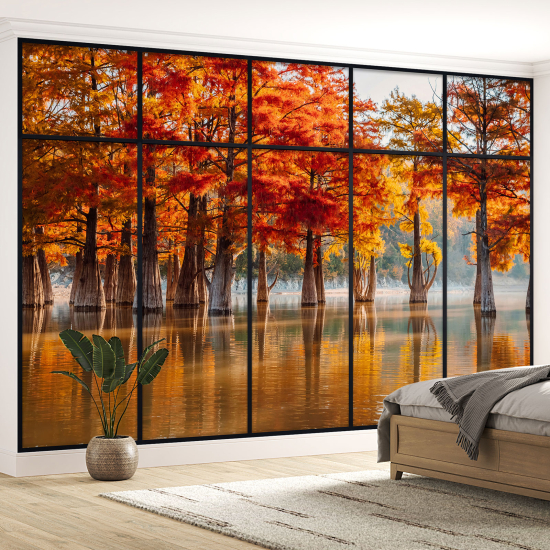 Optical Illusion Panoramic Window Wall Mural / Wallpaper - Lake and trees