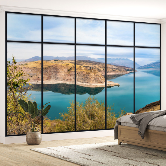 Optical Illusion Panoramic Window Wall Mural / Wallpaper - Lake view