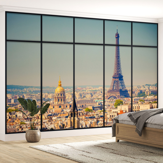 Optical Illusion Panoramic Window Wall Mural / Wallpaper - Paris Eiffel Tower