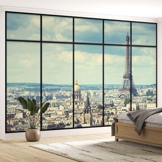 Optical Illusion Panoramic Window Wall Mural / Wallpaper - Paris Eiffel Tower