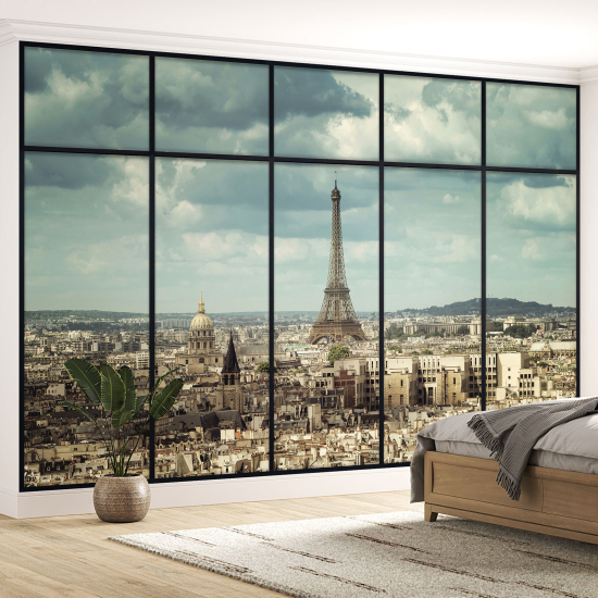 Optical Illusion Panoramic Window Wall Mural / Wallpaper - Paris Eiffel Tower