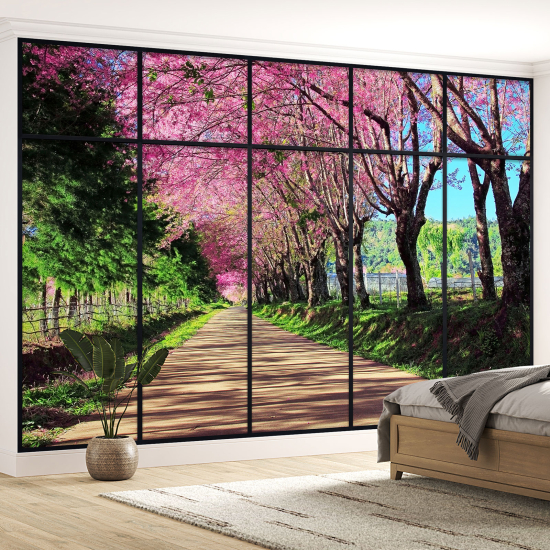 Optical Illusion Panoramic Window Wall Mural / Wallpaper - Path