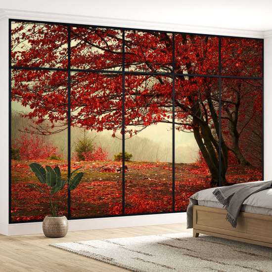 Optical Illusion Panoramic Window Wall Mural / Wallpaper - Red leaf tree