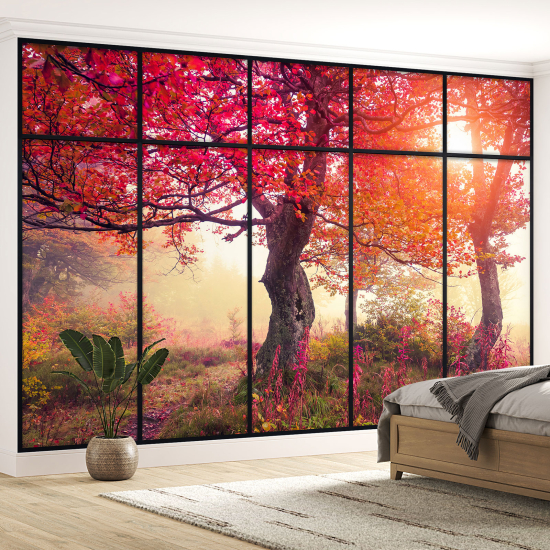 Optical Illusion Panoramic Window Wall Mural / Wallpaper - Red-leaved trees