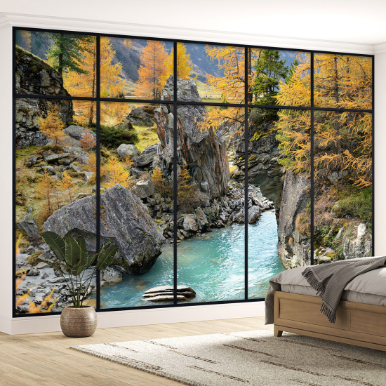 Optical Illusion Panoramic Window Wall Mural / Wallpaper - River