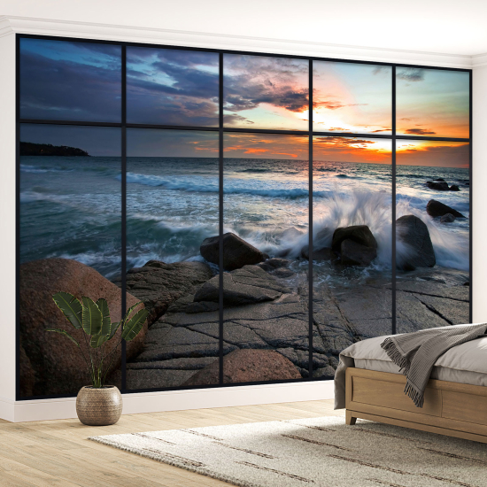 Optical Illusion Panoramic Window Wall Mural / Wallpaper - Sea view