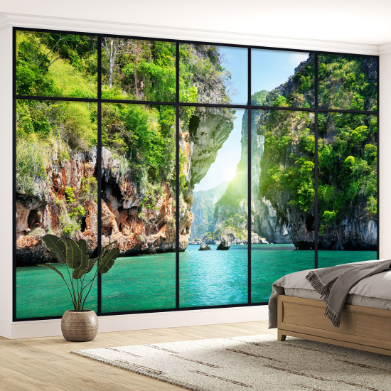 Optical Illusion Panoramic Window Wall Mural / Wallpaper - Sea view