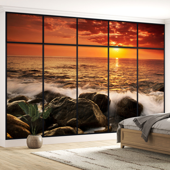 Optical Illusion Panoramic Window Wall Mural / Wallpaper - Sea view