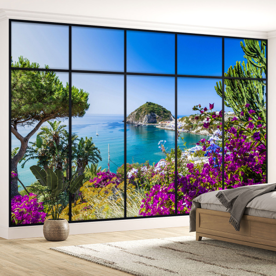 Optical Illusion Panoramic Window Wall Mural / Wallpaper - Sea view