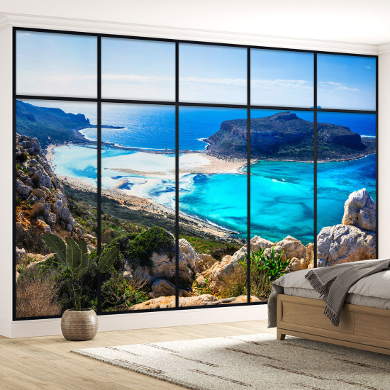 Optical Illusion Panoramic Window Wall Mural / Wallpaper - Sea view