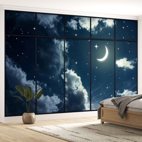 Optical Illusion Panoramic Window Wall Mural / Wallpaper - Starry Sky