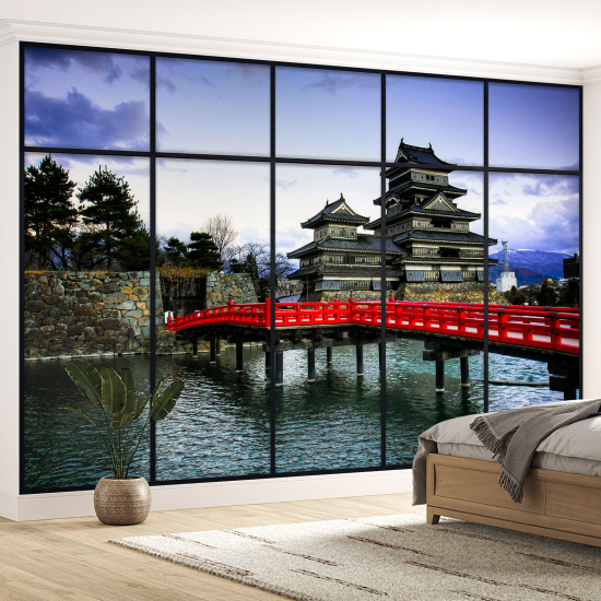 Optical Illusion Panoramic Window Wall Mural / Wallpaper - Temples