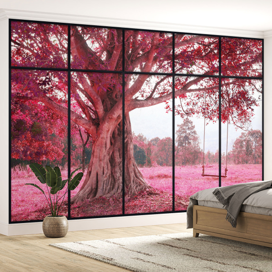 Optical Illusion Panoramic Window Wall Mural / Wallpaper - Tree with pink flowers