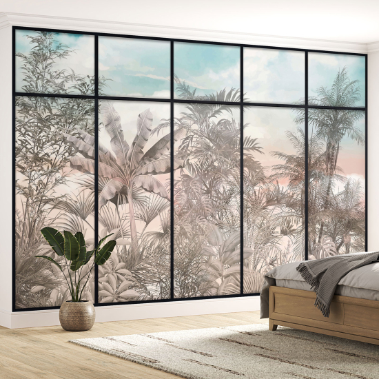 Optical Illusion Panoramic Window Wall Mural / Wallpaper - Tropical forest