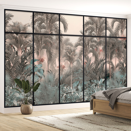 Optical Illusion Panoramic Window Wall Mural / Wallpaper - Tropical forest