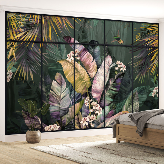 Optical Illusion Panoramic Window Wall Mural / Wallpaper - Tropical plants