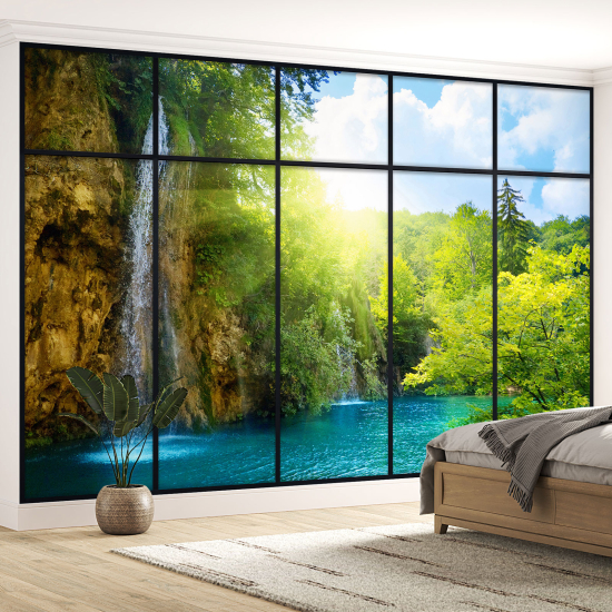 Optical Illusion Panoramic Window Wall Mural / Wallpaper - Waterfalls