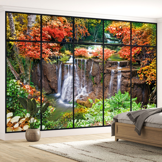 Optical Illusion Panoramic Window Wall Mural / Wallpaper - Waterfalls