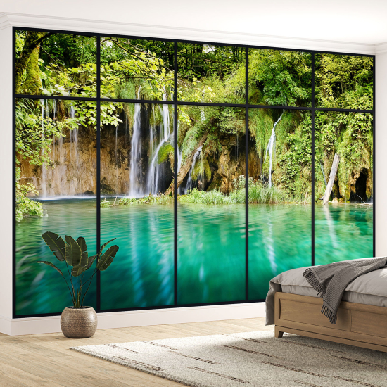 Optical Illusion Panoramic Window Wall Mural / Wallpaper - Waterfalls