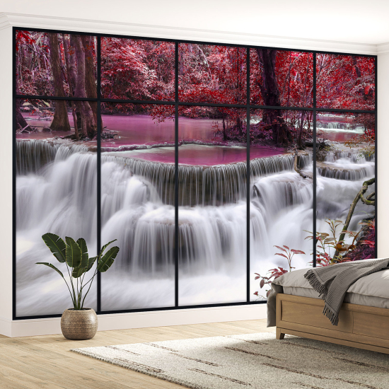 Optical Illusion Panoramic Window Wall Mural / Wallpaper - Waterfalls