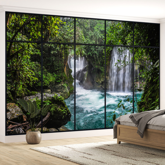 Optical Illusion Panoramic Window Wall Mural / Wallpaper - Waterfalls