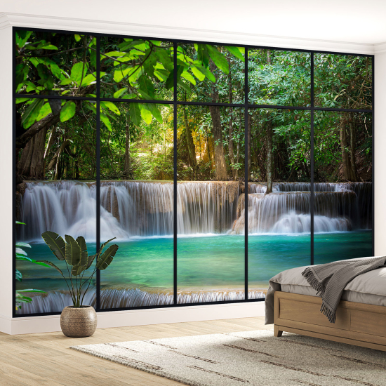 Optical Illusion Panoramic Window Wall Mural / Wallpaper - Waterfalls