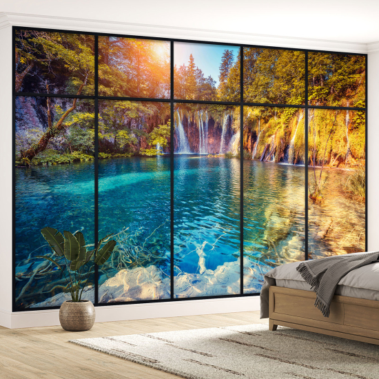 Optical Illusion Panoramic Window Wall Mural / Wallpaper - Waterfalls