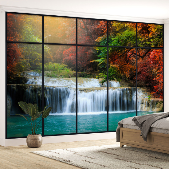 Optical Illusion Panoramic Window Wall Mural / Wallpaper - Waterfalls