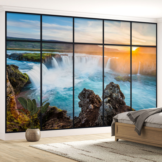 Optical Illusion Panoramic Window Wall Mural / Wallpaper - Waterfalls