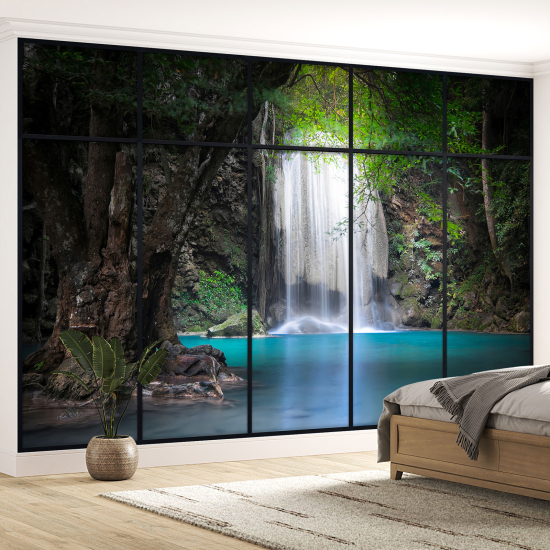 Optical Illusion Panoramic Window Wall Mural / Wallpaper - Waterfalls