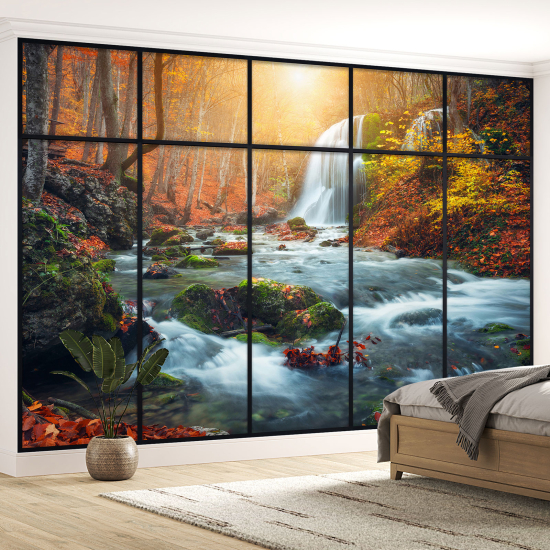 Optical Illusion Panoramic Window Wall Mural / Wallpaper - Waterfalls