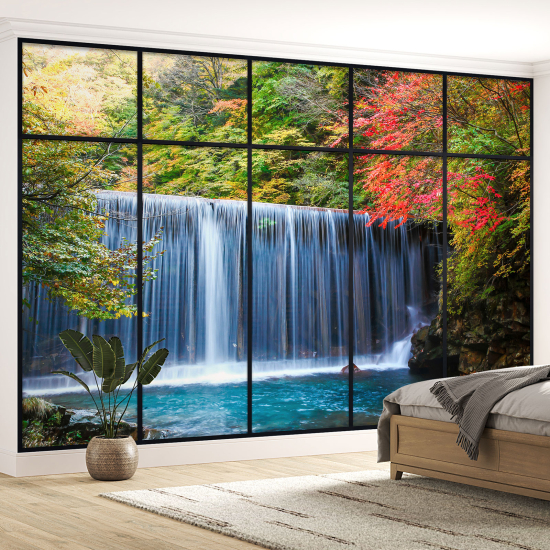 Optical Illusion Panoramic Window Wall Mural / Wallpaper - Waterfalls