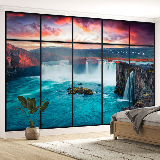 Optical Illusion Panoramic Window Wall Mural / Wallpaper - Waterfalls