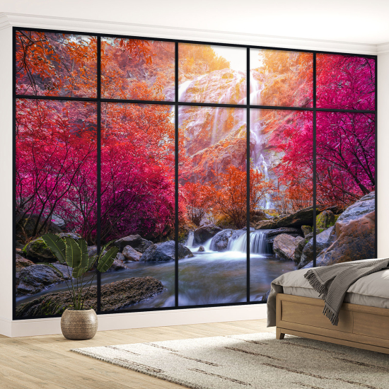 Optical Illusion Panoramic Window Wall Mural / Wallpaper - Waterfalls