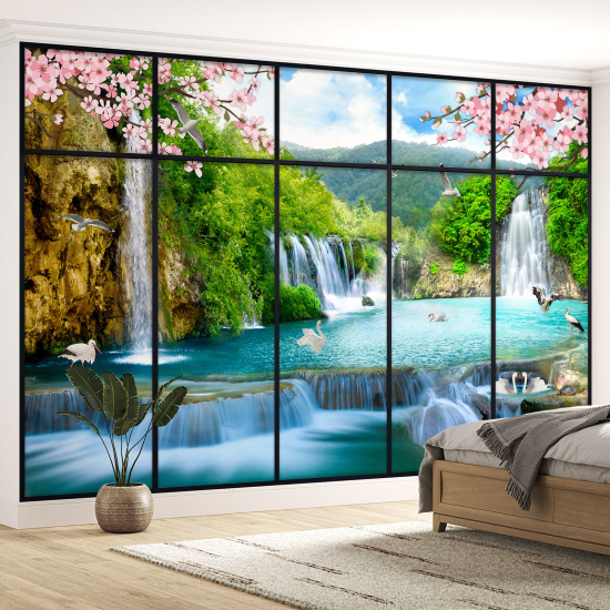 Optical Illusion Panoramic Window Wall Mural / Wallpaper - Waterfalls