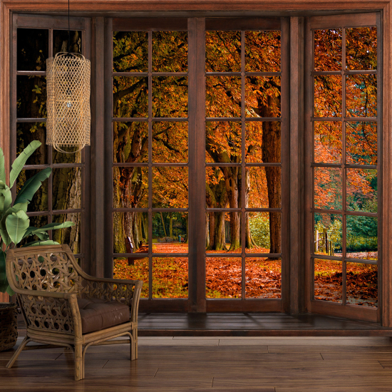 Optical Illusion Panoramic Wood Window Wall Mural / Wallpaper - Autumn