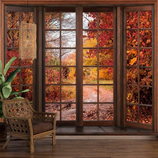 Optical Illusion Panoramic Wood Window Wall Mural / Wallpaper - Autumn Path