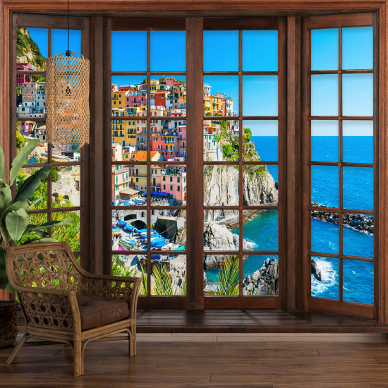 Optical Illusion Panoramic Wood Window Wall Mural / Wallpaper - Cinque Terre