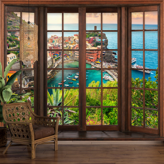 Optical Illusion Panoramic Wood Window Wall Mural / Wallpaper - City of Vernazza