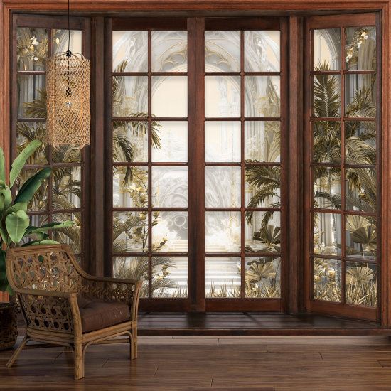 Optical Illusion Panoramic Wood Window Wall Mural / Wallpaper - Corridor Plants