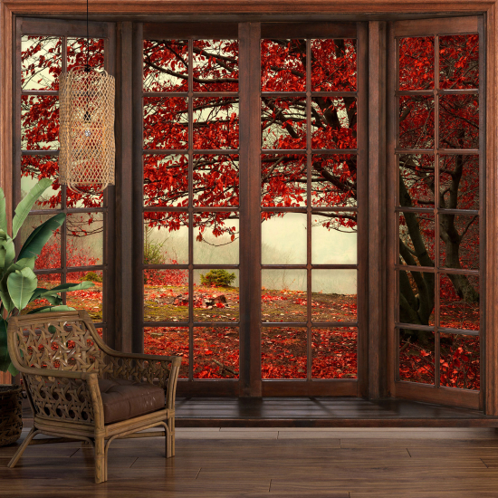 Optical Illusion Panoramic Wood Window Wall Mural / Wallpaper - Forest