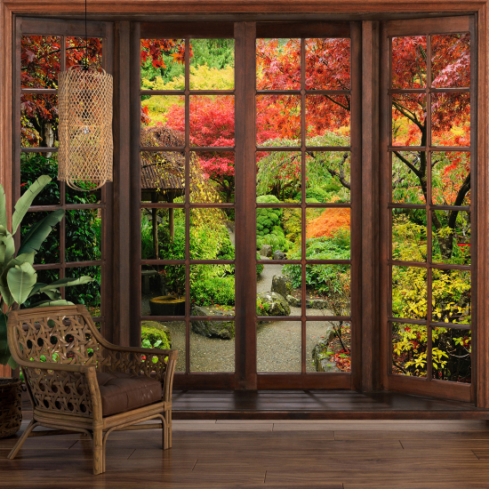 Optical Illusion Panoramic Wood Window Wall Mural / Wallpaper - Garden