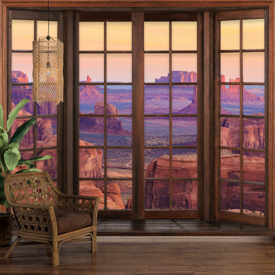 Optical Illusion Panoramic Wood Window Wall Mural / Wallpaper - Grand Canyon