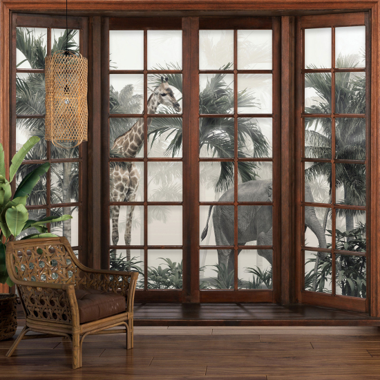 Optical Illusion Panoramic Wood Window Wall Mural / Wallpaper - Jungle Animals