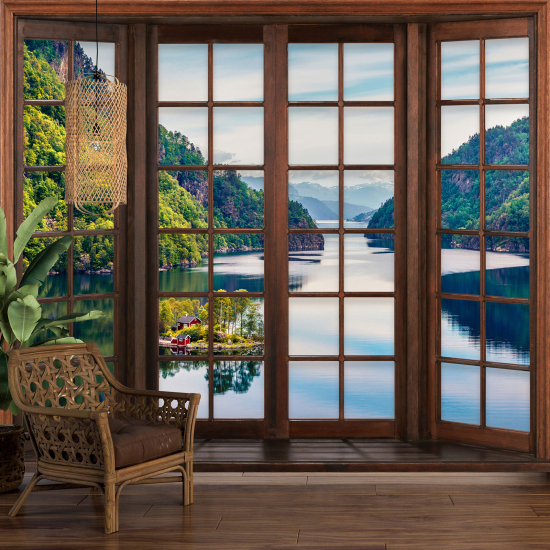 Optical Illusion Panoramic Wood Window Wall Mural / Wallpaper - Lake