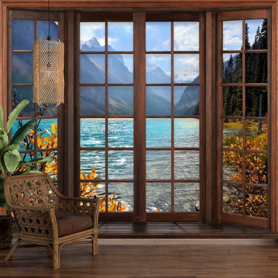 Optical Illusion Panoramic Wood Window Wall Mural / Wallpaper - Lake Mountains