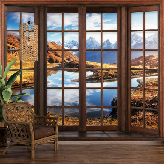 Optical Illusion Panoramic Wood Window Wall Mural / Wallpaper - Lake Mountains