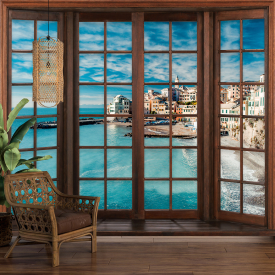 Optical Illusion Panoramic Wood Window Wall Mural / Wallpaper - Mediterranean Village