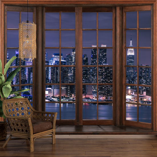 Optical Illusion Panoramic Wood Window Wall Mural / Wallpaper - New York