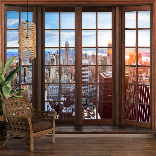 Optical Illusion Panoramic Wood Window Wall Mural / Wallpaper - New York